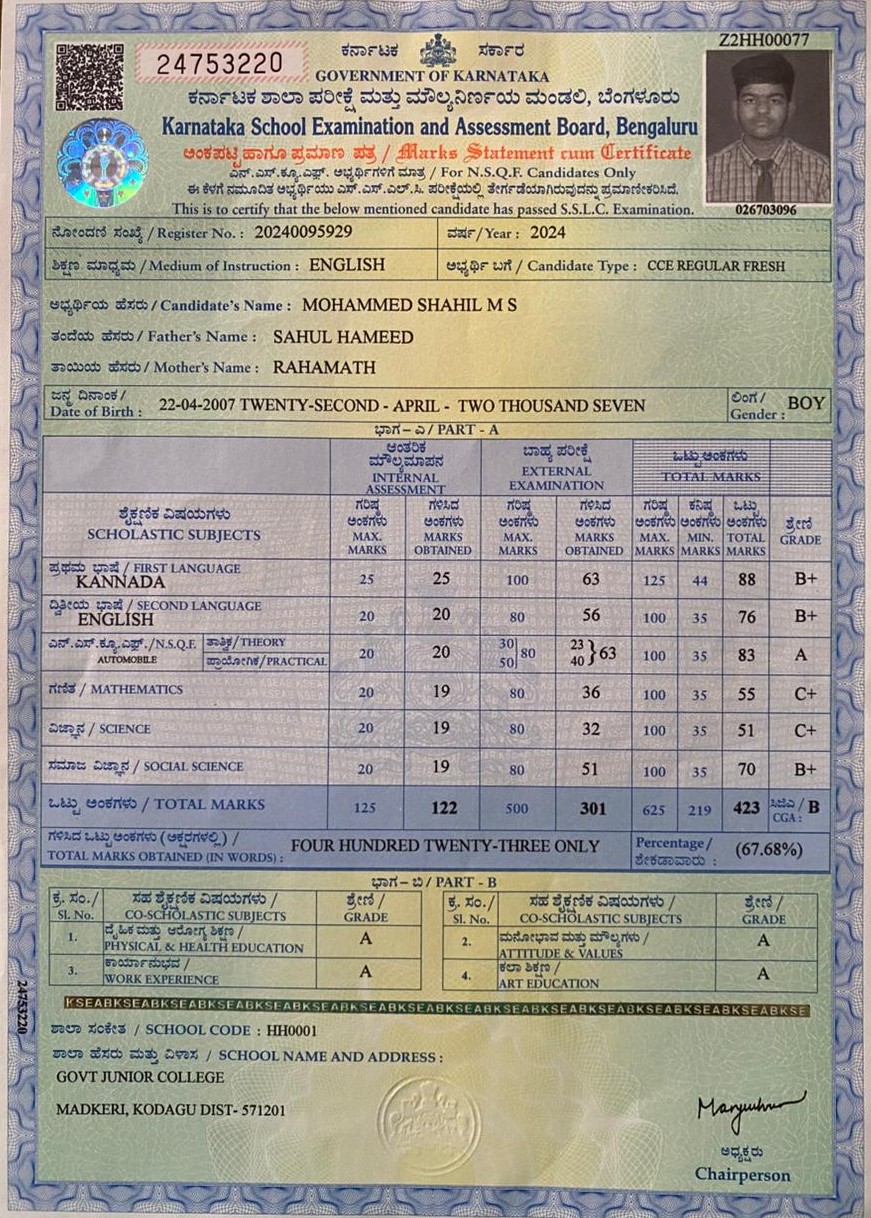 MATRICULATION CERTIFICATE OR MARK SHEET OF RECOGNISED BOARD (IN COPY) preview