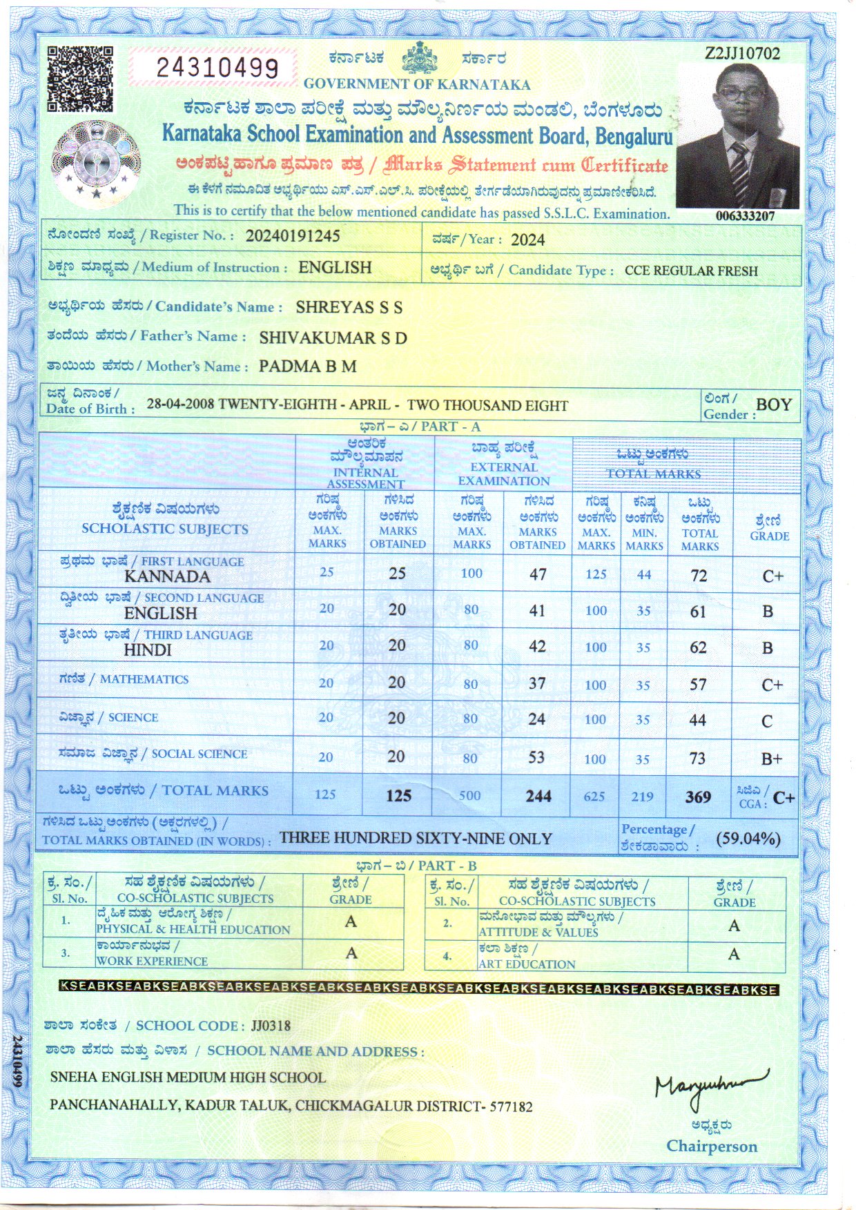 MATRICULATION CERTIFICATE OR MARK SHEET OF RECOGNISED BOARD (IN COPY) preview