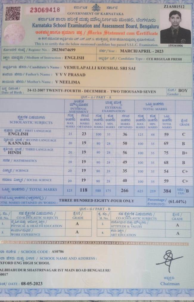 Matriculation certificate or mark sheet of recognised board (In Copy) preview
