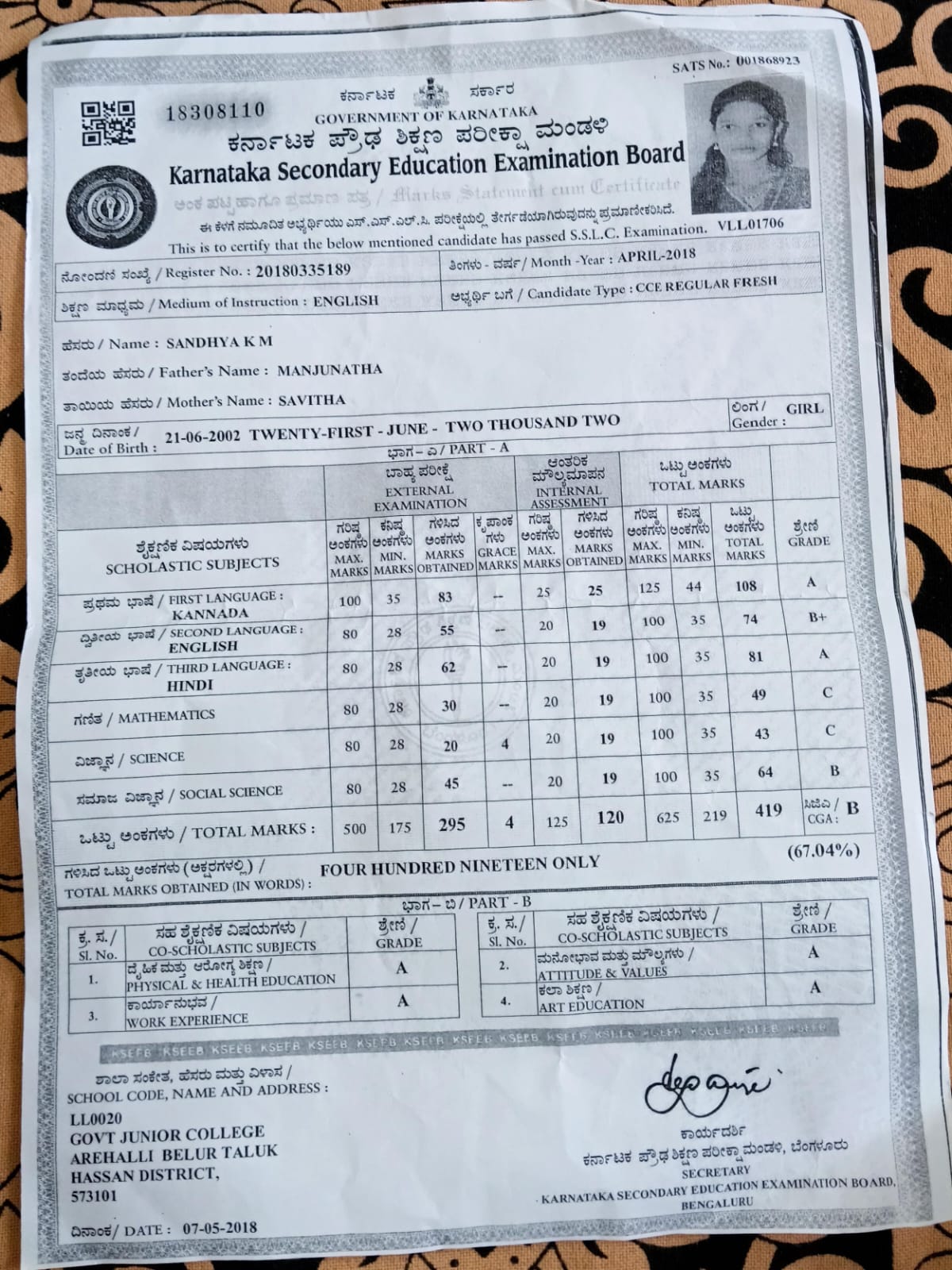 MATRICULATION CERTIFICATE OR MARK SHEET OF RECOGNISED BOARD (IN COPY) preview
