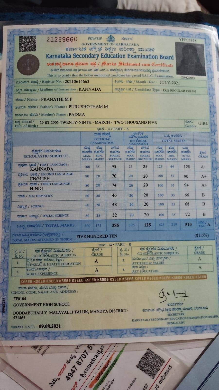 MATRICULATION CERTIFICATE OR MARK SHEET OF RECOGNISED BOARD (IN COPY) preview