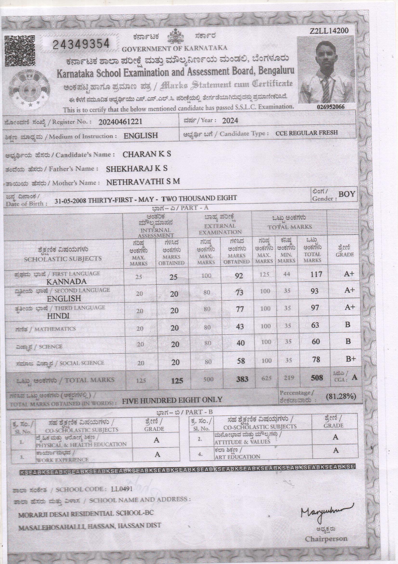Matriculation certificate or mark sheet of recognised board (In Copy) preview