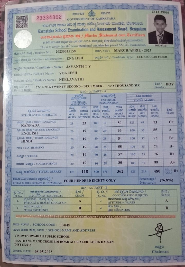 Matriculation certificate or mark sheet of recognised board (In Copy) preview