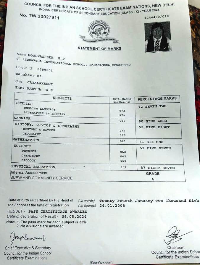 Matriculation certificate or mark sheet of recognised board (In Copy) preview