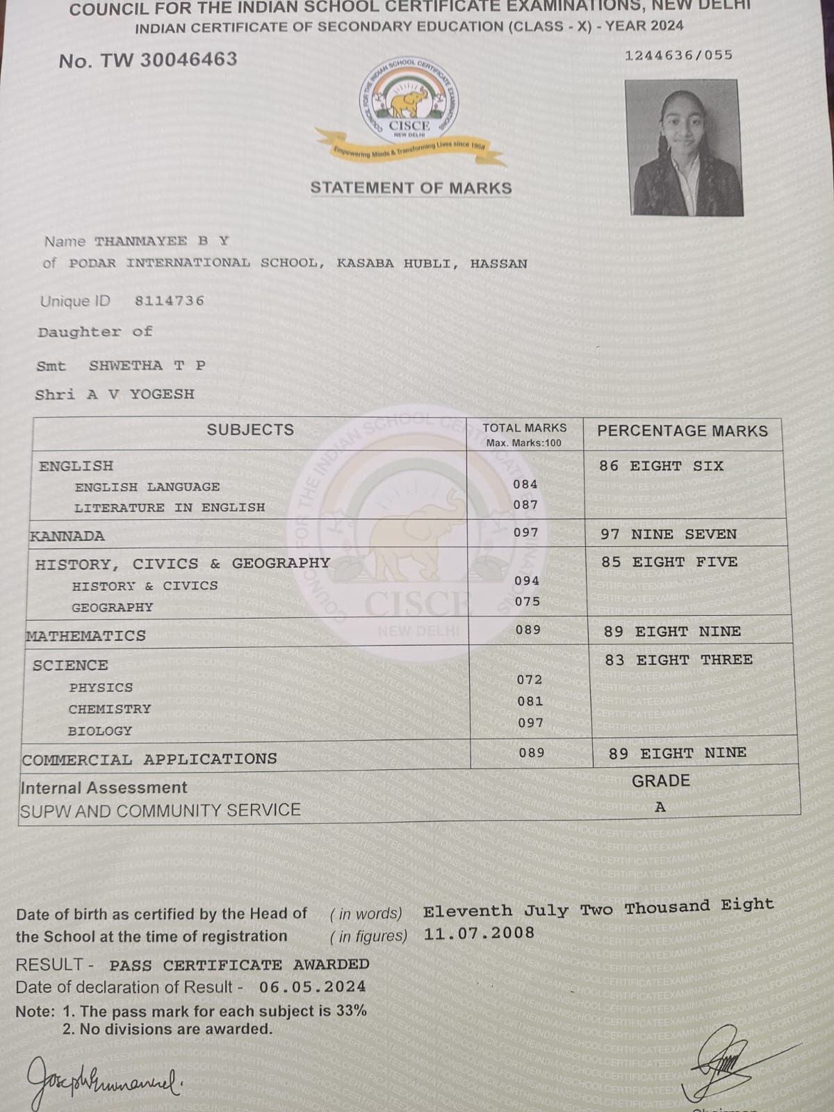 Matriculation certificate or mark sheet of recognised board (In Copy) preview