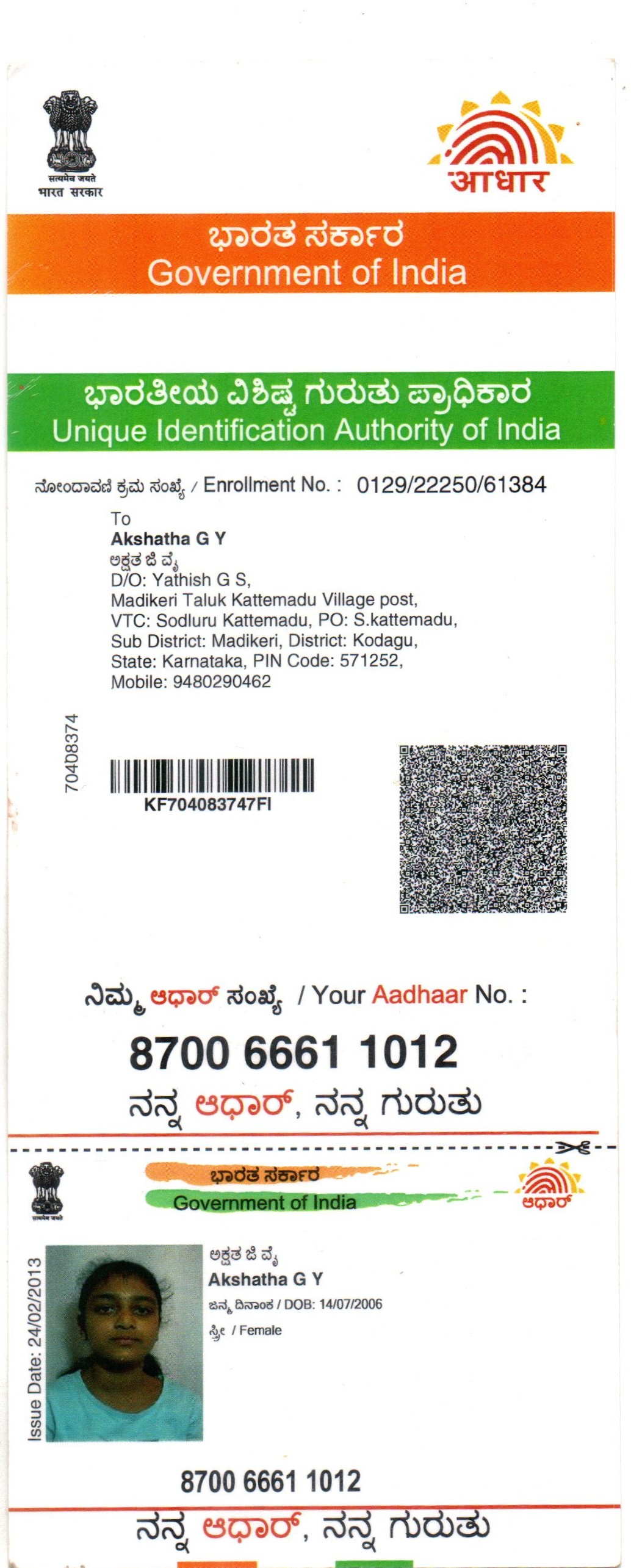 AADHAAR CARD ISSUED BY UIDAI (IN COPY) preview