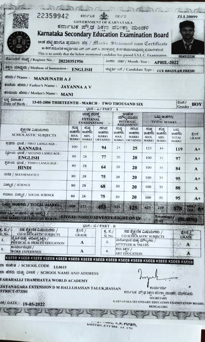 Matriculation certificate or mark sheet of recognised board (In Copy) preview