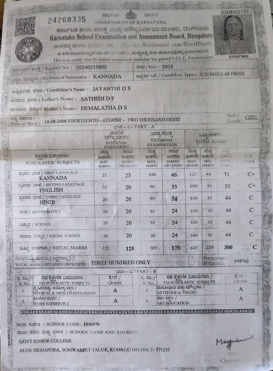 Matriculation certificate or mark sheet of recognised board (In Copy) preview