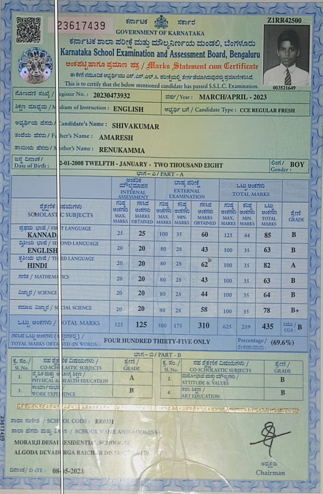 MATRICULATION CERTIFICATE OR MARK SHEET OF A RECOGNISED BOARD preview