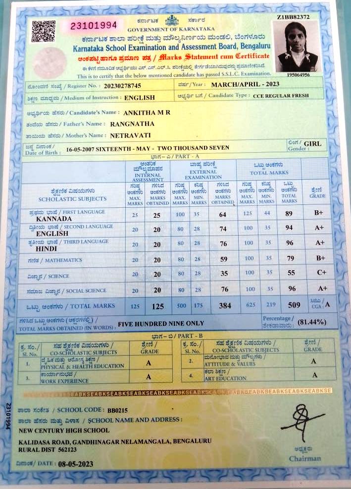 Matriculation certificate or mark sheet of recognised board (In Copy) preview